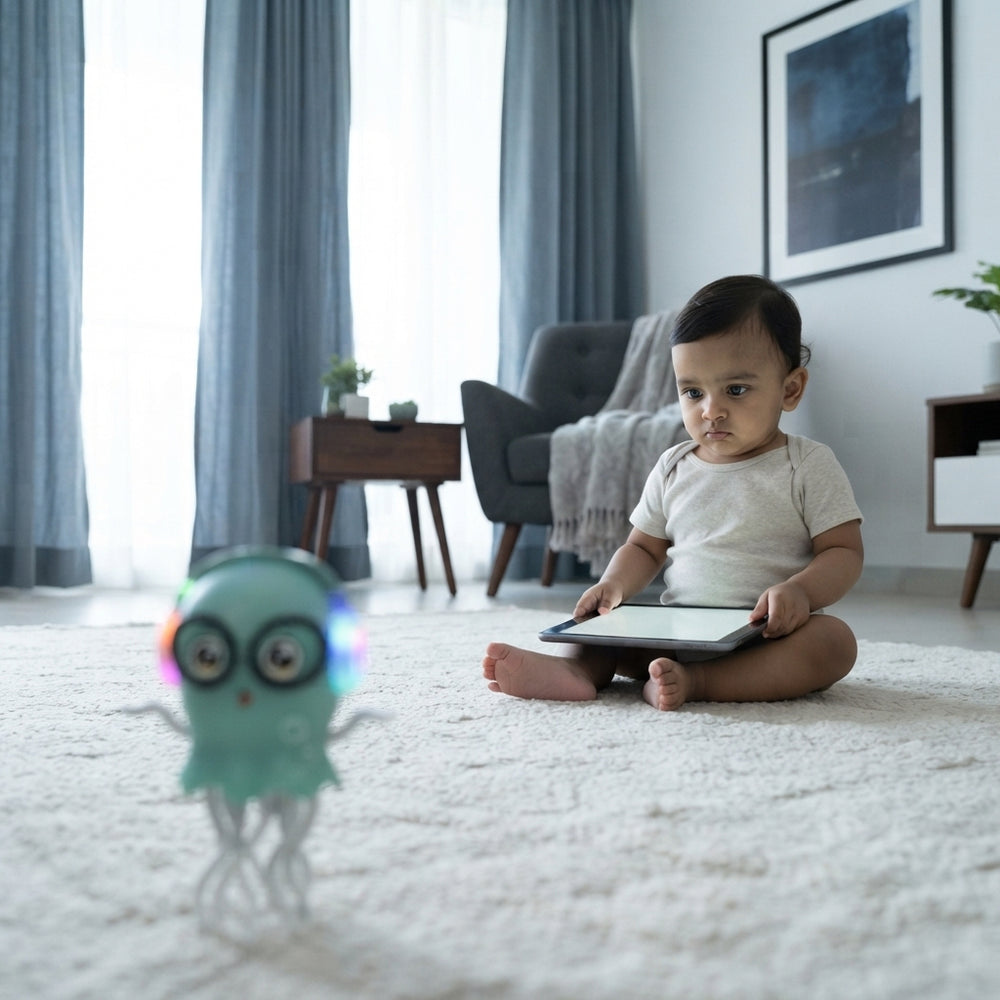 A baby sitting on a living room rug looking at a tablet with a colorful toy jellyfish nearby on the floor.