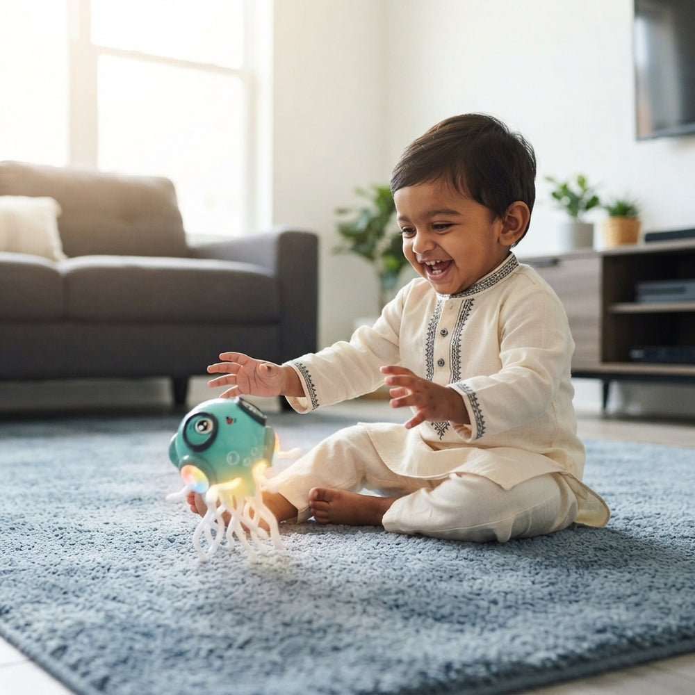 South Asian toddler playing with a musical LED dancing jellyfish toy on a blue rug in a modern living room.